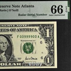 Billet de la Réserve fédérale de 1 $ de 2001 PMG 66EPQ, numéro de série radar fantaisie rare 00999900