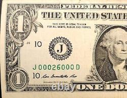 Billet de un dollar avec un numéro de série spécial 6 DE LA MÊME SORTE Erreur 0's 00026000 Ajoute à 8