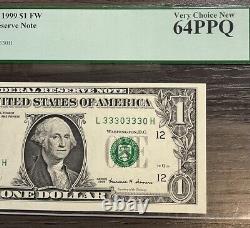Billet de un dollar de 1999 avec un numéro de série répété, de collection, évalué PCGS 64PPQ Très beau neuf