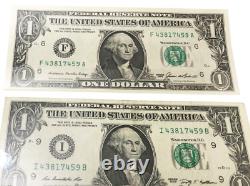 Billets de la Réserve fédérale avec des numéros de série correspondants Les deux billets avec des ERREURS DE FRAPPE