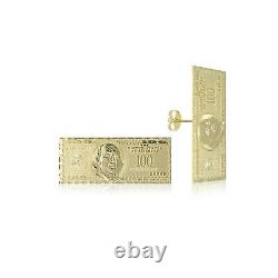 Boucles D’oreilles 10k Solid Yellow Gold One Hundred Dollar Stud $100 Bill Money