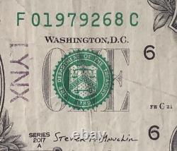 Erreur de contamination de l'encrier avec un numéro de série élégant sur un billet d'un dollar F01979268C FW