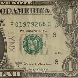 Erreur de contamination de l'encrier sur un billet d'un dollar F01979268C FW avec un numéro de série noir
