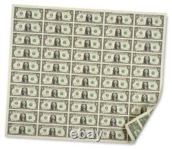 Feuille complète de 50 billets de 1$ non coupés - Feuille complète de 50 billets d'un dollar, neufs, UNC, impeccables