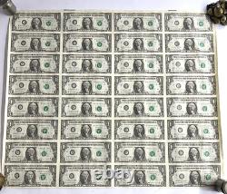 Feuille de 32 billets d'un dollar non coupés, Federal Reserve Bank de N. Y, N. Y, 1988A