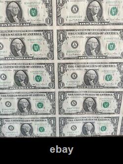 Feuille non coupée de 1981 (32) billets de 1 $ Federal Reserve Note non circulés encadrés EUC RARE