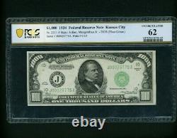 Kansas City 1934 1000 $ Un Milland Dollar Bill Note Fr. 2211-j Pcgs 62 Unc