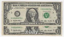 LOT DE DEUX Billet d'un dollar à l'étoile de 1993 de Philadelphie - Faible tirage de 640 000 exemplaires - Très rare