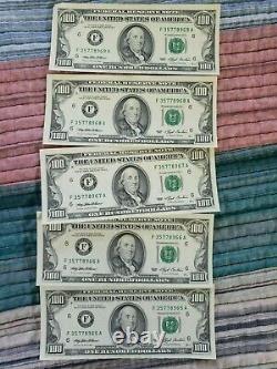 Lot De 5 1993 (f) 100 $ Un Cent Dollars Bill Numéros De Série Consécutifs 500 $