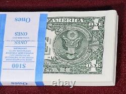 Lot de 100 nouveaux billets de 1 dollar - Billets de banque d'un dollar non circulés 2021 BEP Strap