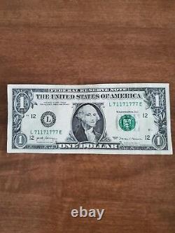 Lucky Money Très Rare 5 D'un Type 71171777 Serial Number One Dollar Bill