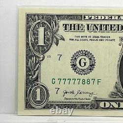 Numéro de série fantaisie binaire de billet d'un dollar G77777887F Six of a Kind 7s 8s I75