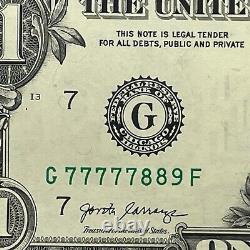 Numéro de série fantaisie échelle trapue à 3 chiffres d'un billet d'un dollar G77777889F 7s 8s 9s