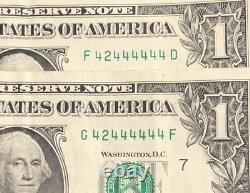 Paire de correspondance binaire presque solide d'un billet d'un dollar F42444444D G42444444F Sept 4s
