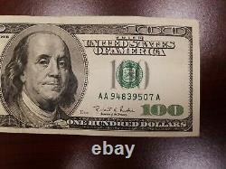 Série 1996 Bill Note De Cent Dollars Us 100 $ Boston Aa 94839507 A