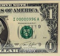 Série de 3 chiffres de 1974 Billets d'un dollar avec un numéro de série fantaisiste bas 00000996 0s 9s 6s
