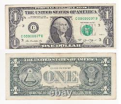 Série de billets de un dollar de 2013 avec un numéro de série bas, numéro de série fantaisie 00000037 RARE
