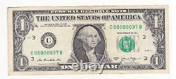 Série de billets de un dollar de 2013 avec un numéro de série bas, numéro de série fantaisie 00000037 RARE
