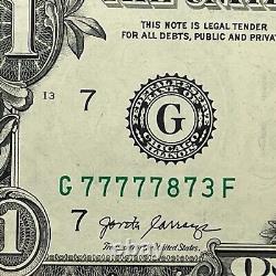 Six d'un genre 7s Numéro de série Fantaisie Billet d'un dollar G77777873F I77 Chicago