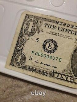 Un Dollar Bill Faible Numéro De Série 2013 E 00000837 E Expédition Rapide