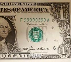 Un Dollar Bill Un Cut Feuille Rare Note Binary 99993399