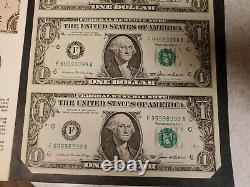 Un Dollar Bill Un Cut Feuille Rare Note Binary 99993399