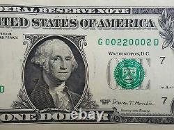 Us Federal Reserve Note Fancy Numéro De Série 1 $ Un Dollar Bill- G00220002d