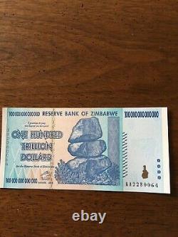 Zimbabwe 100 Trillion Dollar Bill Aa Reserve Bank 2008 Non Circulé (1)